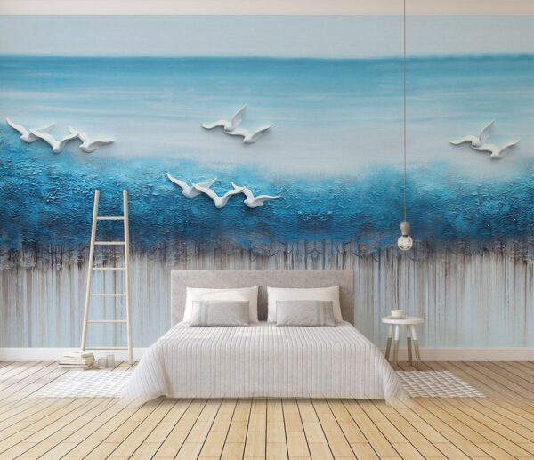 Schilderij van vogels vliegend over een blauwe oceaan Fotobehang Schilderij van vogels vliegend over een blauwe oceaan