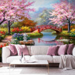 Fotobehang Serene tuin met roze bloesems.