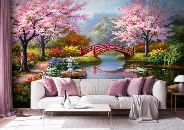 Serene tuin met roze bloesems Fotobehang Serene tuin met roze bloesems