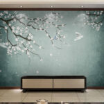 Fotobehang Vogels en bloesems in serene harmonie.
