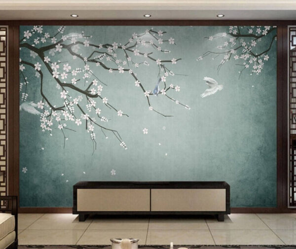 Vogels en bloesems in serene harmonie Fotobehang Vogels en bloesems in serene harmonie