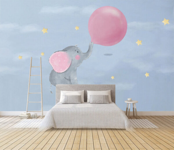 Spotprent van een olifant die een ballon vasthoudt Fotobehang Spotprent van een olifant die een ballon vasthoudt