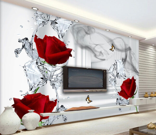 Rode rozen drijvend met vlinders Fotobehang Rode rozen drijvend met vlinders