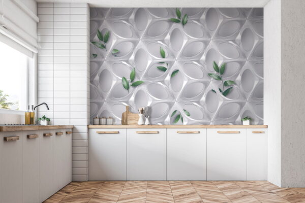 Witte muur met groene bladeren Fotobehang Witte muur met groene bladeren