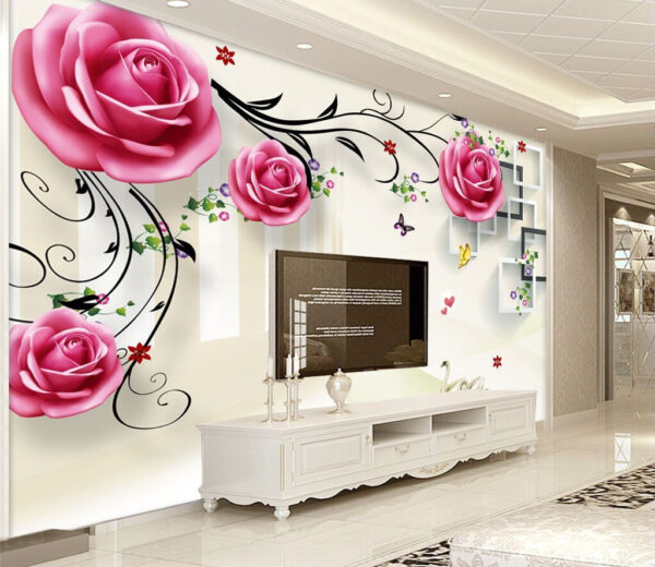 Zwanen onder bloeiende roze rozen Fotobehang Zwanen onder bloeiende roze rozen