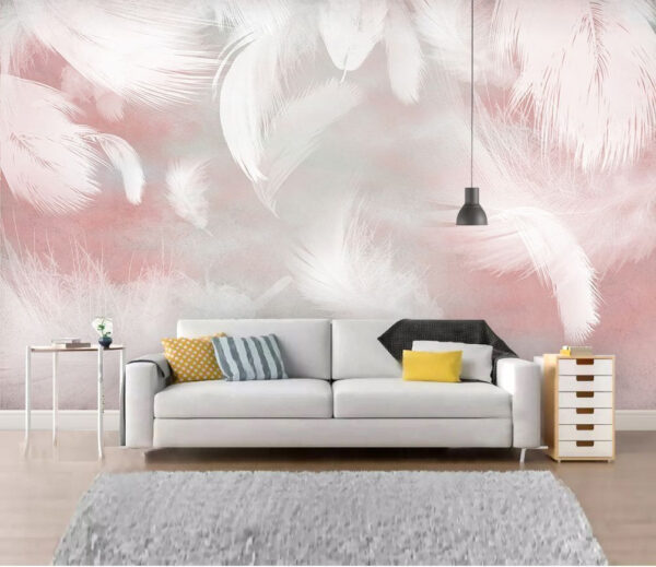 Witte veren op een roze achtergrond Fotobehang Witte veren op een roze achtergrond