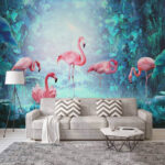 Fotobehang Groep roze flamingo's in een bos