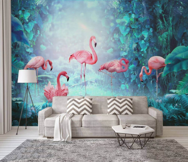 Groep roze flamingo's in een bos Fotobehang Groep roze flamingo's in een bos
