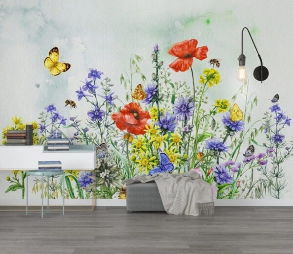 Levendige bloesems en fladderende vlinders Fotobehang Levendige bloesems en fladderende vlinders