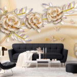 Fotobehang Elegante rozen met kristallen vlinders.