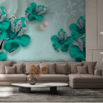 Fotobehang Turquoise bloemen met sprankelende accenten.