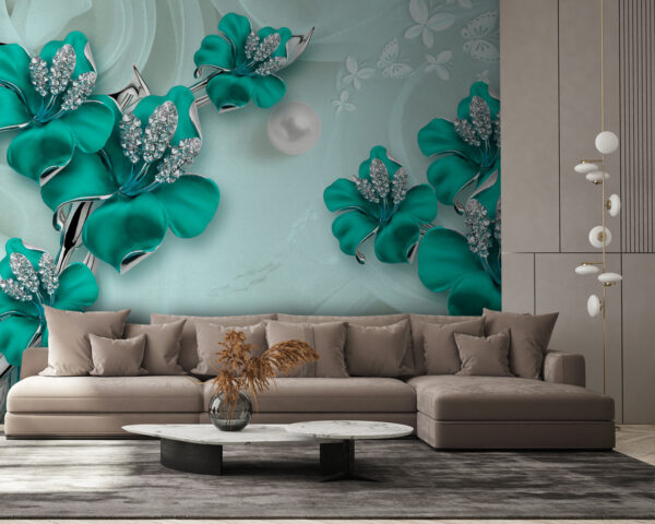 Turquoise bloemen met sprankelende accenten Fotobehang Turquoise bloemen met sprankelende accenten