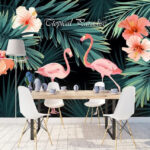 Fotobehang Paar roze flamingo's en bloemen