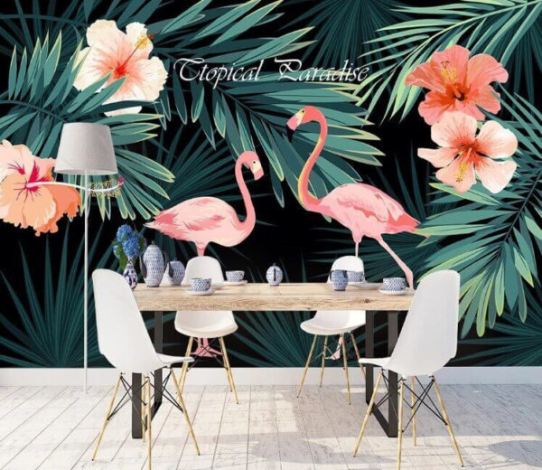 Paar roze flamingo's en bloemen Fotobehang Paar roze flamingo's en bloemen