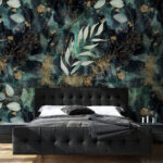 Fotobehang Abstract groenblauw en metallic bloemenpatroon.