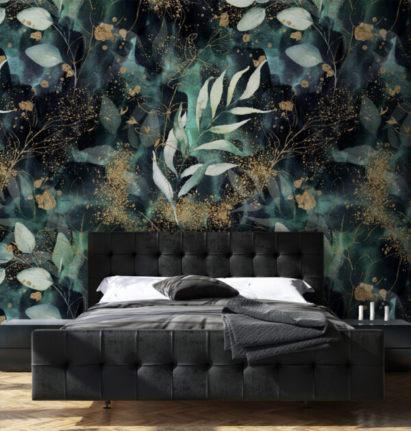 Abstract groenblauw en metallic bloemenpatroon Fotobehang Abstract groenblauw en metallic bloemenpatroon