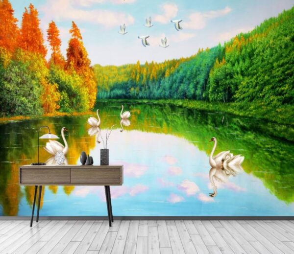 Fotobehang Schilderij van zwanen op een meer