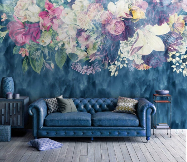 Bloementapijt over blauwe golven Fotobehang Bloementapijt over blauwe golven
