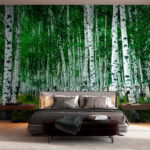 Fotobehang Berkenbomen in een sereen bos.