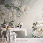 Fotobehang Witte bloemen en bladeren op een witte achtergrond