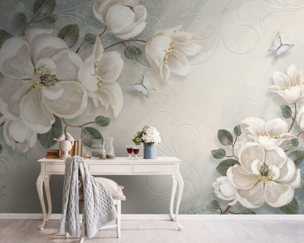 Witte bloemen en bladeren op een witte achtergrond Fotobehang Witte bloemen en bladeren op een witte achtergrond