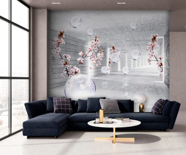 Witte kamer met bloemen en bubbels Fotobehang Witte kamer met bloemen en bubbels