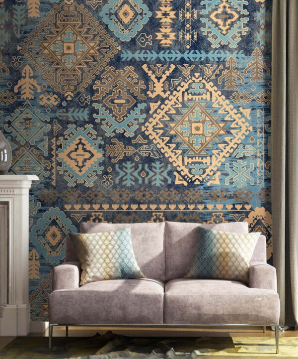 Blauw en geel ontwerp op een blauw oppervlak Fotobehang Blauw en geel ontwerp op een blauw oppervlak