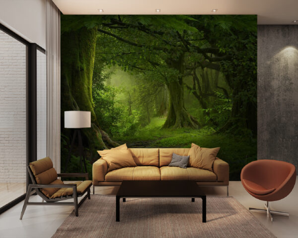 Majestueuze bomen in een weelderig bos Fotobehang Majestueuze bomen in een weelderig bos