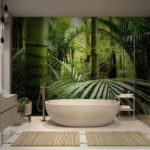 Fotobehang Weelderige groene jungle met palmbomen