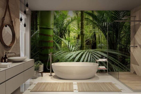 Weelderige groene jungle met palmbomen Fotobehang Weelderige groene jungle met palmbomen