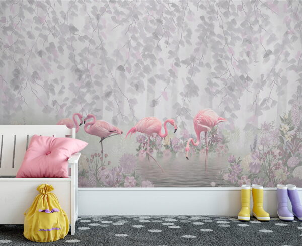 Groep roze flamingo's in een vijver met bloemen Fotobehang Groep roze flamingo's in een vijver met bloemen