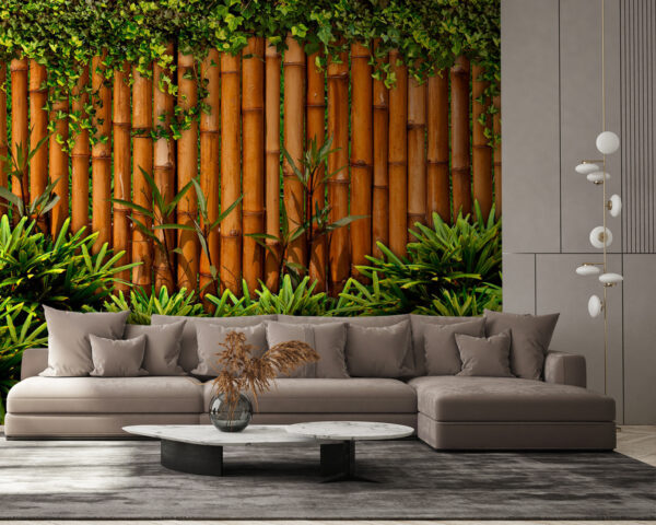 Bamboe hek met planten Fotobehang Bamboe hek met planten