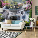 Fotobehang Betoverende waterval te midden van levendige bloesems.