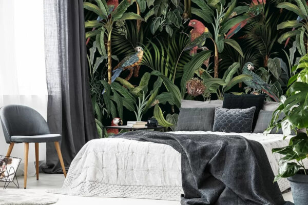 Papegaaien genesteld tussen junglebladeren Fotobehang Papegaaien genesteld tussen junglebladeren