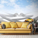 Fotobehang Gele sportwagen op een weg