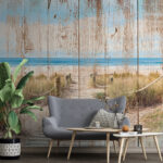 Fotobehang Houten pad naar een strand