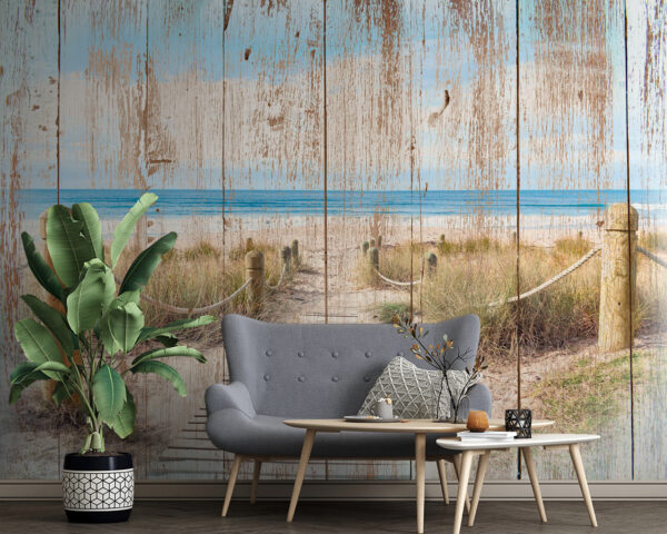 Houten pad naar een strand Fotobehang Houten pad naar een strand
