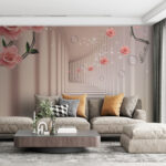 Fotobehang Behang met roze rozen en witte trap
