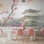 Fotobehang Bloesems omlijsten serene Japanse tempel.