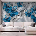 Fotobehang Sierlijke blauwe bloemen met kristallen.