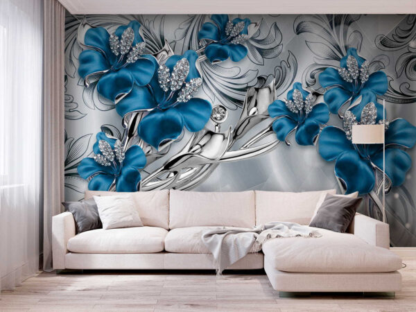 Sierlijke blauwe bloemen met kristallen Fotobehang Sierlijke blauwe bloemen met kristallen