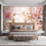 Fotobehang Roze bloemen op een witte achtergrond