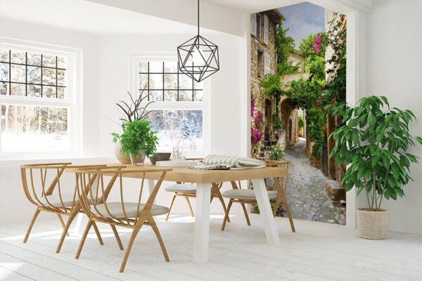 Stenen steegje met bloemen en planten Fotobehang Stenen steegje met bloemen en planten