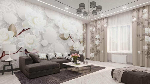 Witte bloemen en cirkels op een witte achtergrond Fotobehang Witte bloemen en cirkels op een witte achtergrond