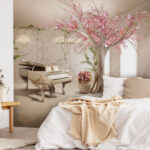 Fotobehang Boom met roze bloemen en een piano in een kamer