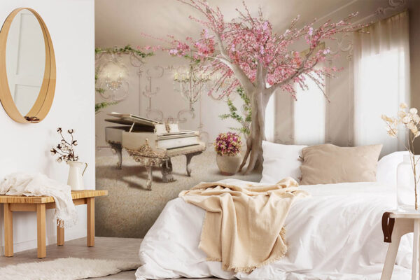 Boom met roze bloemen en een piano in een kamer Fotobehang Boom met roze bloemen en een piano in een kamer