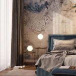 Fotobehang Blauw bloemenpatroon met vintage tegels.