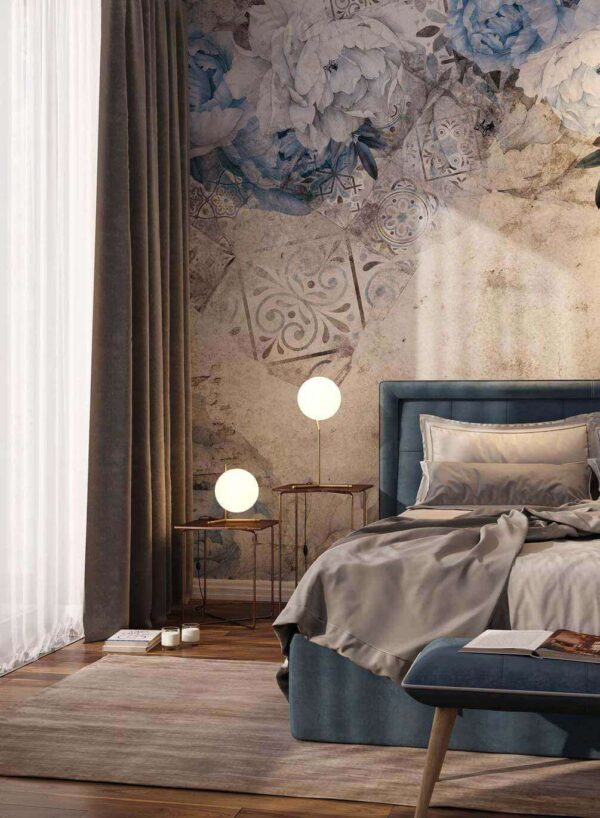 Blauw bloemenpatroon met vintage tegels Fotobehang Blauw bloemenpatroon met vintage tegels