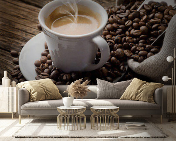 Kopje koffie waar stoom uit komt Fotobehang Kopje koffie waar stoom uit komt