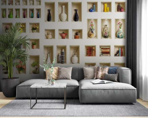 Decoratieve planken met kleurrijke voorwerpen Fotobehang Decoratieve planken met kleurrijke voorwerpen